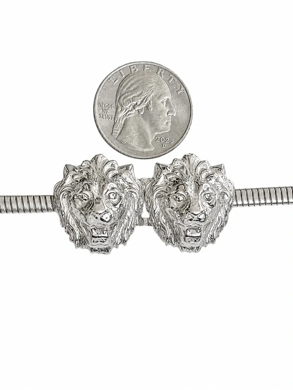 Vintage Silvertone Thin Stretch Belt Double Lion Head Buckle Retro Glam